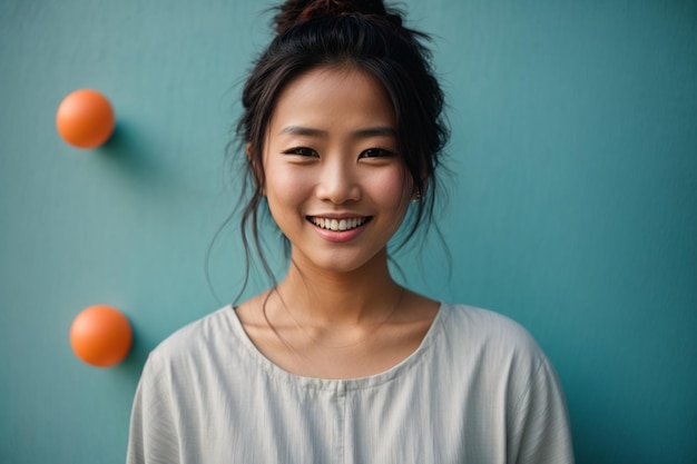 mulheres asiáticas sorrindo em fundo azul