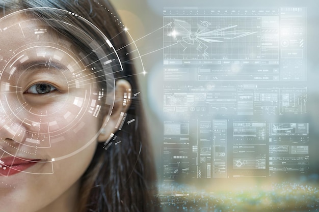 Mulheres asiáticas tendo visão futurista, tela de tecnologia digital sobre o fundo de visão do olho