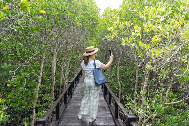 Mulheres asiáticas viajando pela floresta natural e usando o smartphone. Caminho para caminhadas na selva tropical.