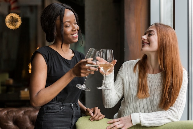 Foto mulheres bonitas brindando com taças de vinho