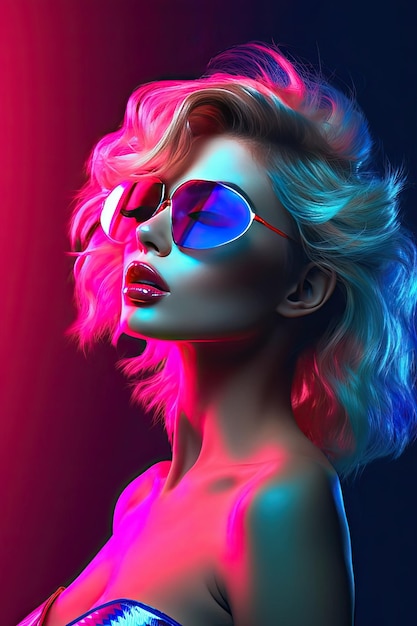 Mulheres bonitas com cabelos coloridos de bob pixie em luz de néon fotgrafo