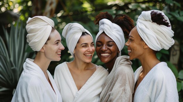 Foto mulheres bonitas com uma toalha na cabeça e sorrindo enquanto desfrutam de um tratamento de spa em casa