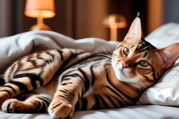 Mulheres bonitas e felizes e um gato de Bengala bonito numa cama