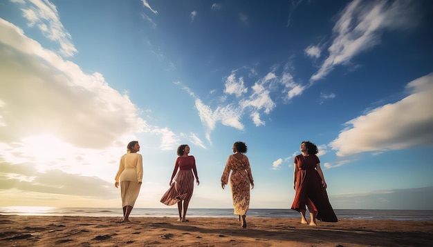 Mulheres bonitas em vestidos longos curtindo na praia