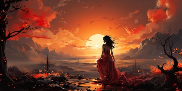 mulheres bonitas que queimam um pôr do sol com um isqueiro lindo céu vermelho luz mais clara