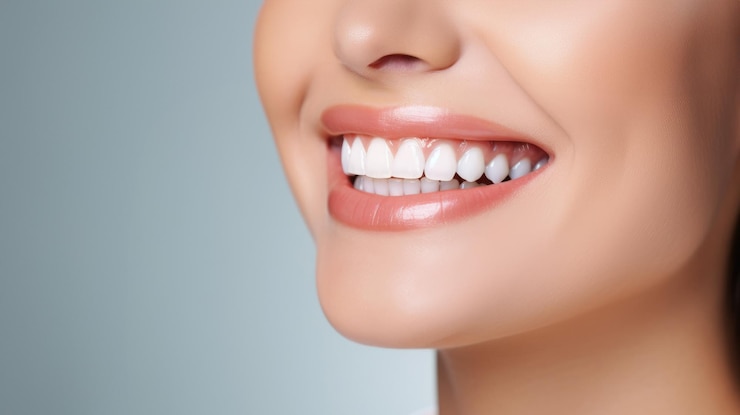 Mulheres bonitas sorrindo com dentes retos e brancos saudáveis em close-up em fundo de um tom com espaço para texto