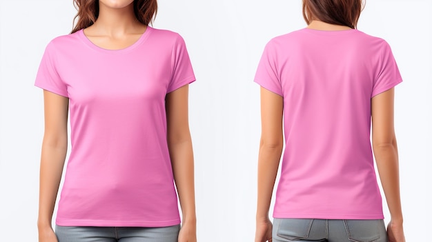 Mulheres bonitas vestindo uma camiseta rosa Maquete de vista frontal e traseira isolada no fundo branco