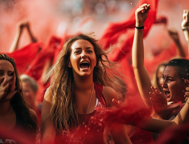 mulheres celebrando em um campo de futebol no estilo de vermelho e carmesim