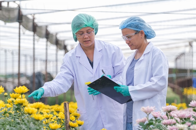 mulheres cientista com jaleco na frente de flores multicoloridas