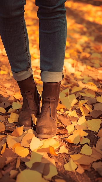 mulheres Closeup pés em jeans e botas passeio de outono Vertical Mobile Wallpaper