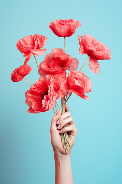 Foto mulheres com buquê de papoulas cor-de-rosa em fundo azul dia da memória