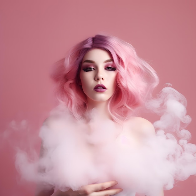 Mulheres com cabelo rosa em um fundo rosa ficam na fumaça