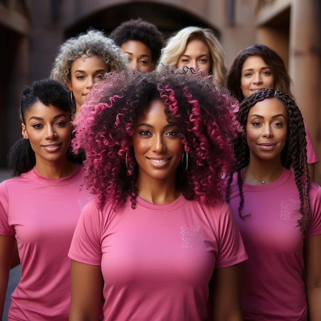 Mulheres com cabelos afro em camisas cor-de-rosa exibindo beleza idealizada