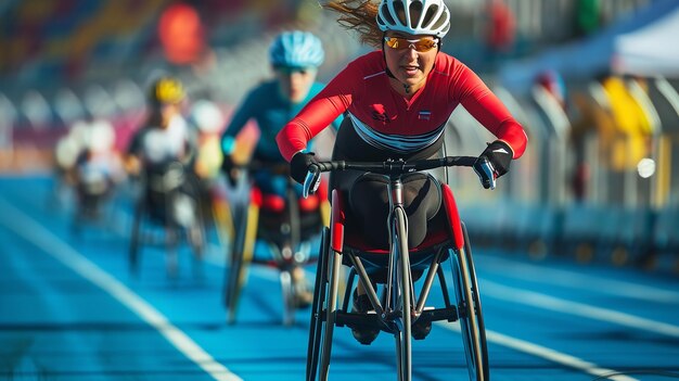 Mulheres com deficiência competindo em esportes e usando uma cadeira de rodas contra um fundo desfocado e um espaço para texto ou produto IA generativa