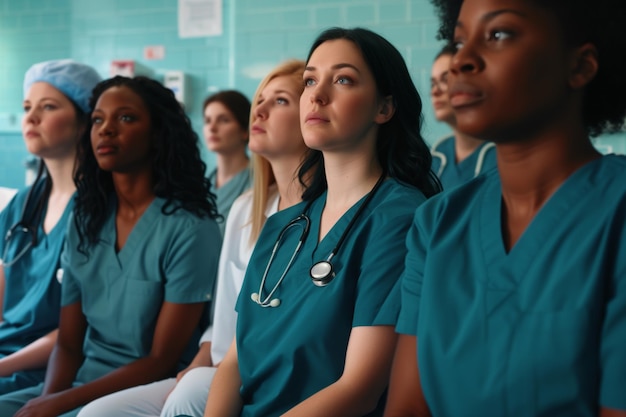 Mulheres com diferentes tons de pele vestindo uniformes de saúde em um hospital