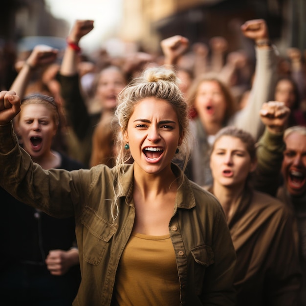 Mulheres com os punhos no ar lutando por seus direitos