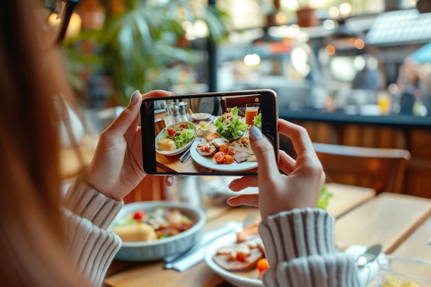 Mulheres com smartphones nas mãos e tirando fotos da comida em um restaurante