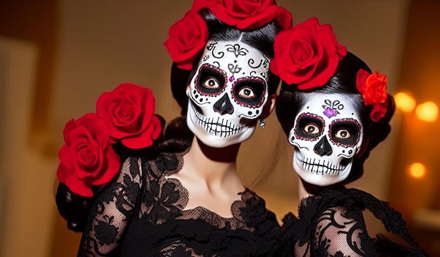 Mulheres com tatuagens de rosto de maquiagem dia das bruxas para a celebração do dia do festival mexicano dos mortos dia de los