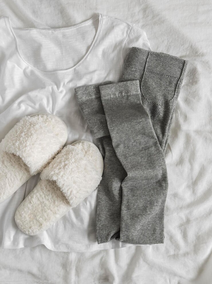Foto mulheres confortáveis roupas de casa leggings de algodão nervurado t-shirt branco chinelos de pele macia em um fundo claro vista de cima