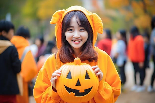 mulheres coreanas sorriem usando uma fantasia de mascote de abóbora IA generativa