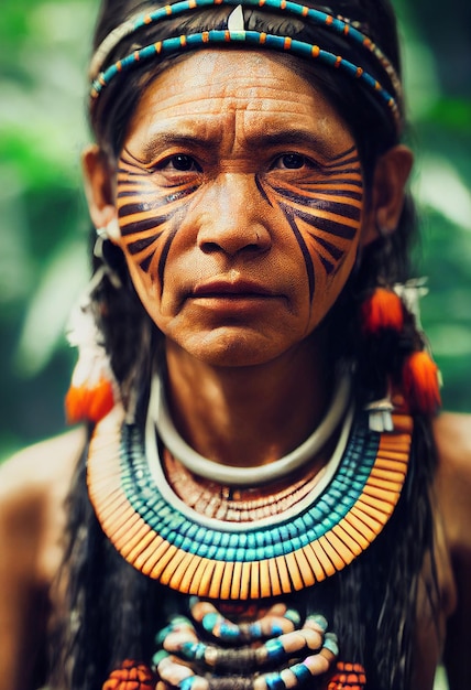 Foto mulheres da tribo amazônica com roupas e joias tradicionais na selva da floresta tropical.