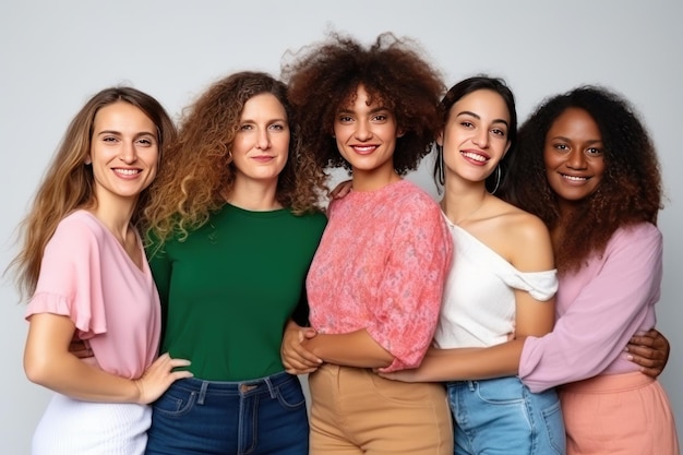 Mulheres de diferentes nacionalidades interagem sorrindo e abraçando a amizade com compreensão