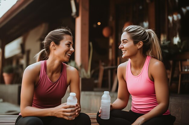 Foto mulheres de fitness sorrindo em treinamento vestindo falando