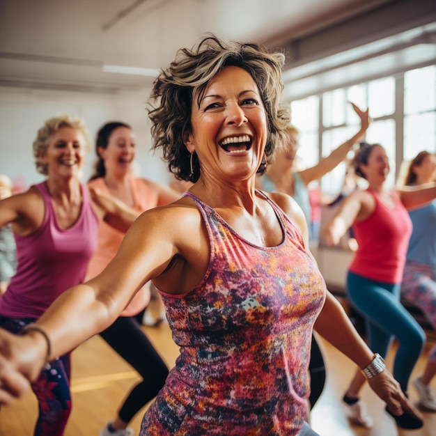 Foto mulheres de meia-idade a desfrutar de uma aula de dança alegre.