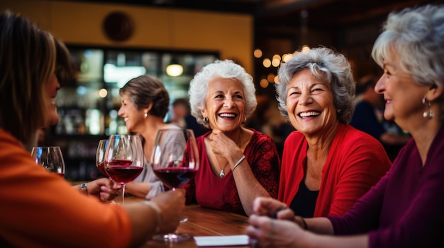 Mulheres de meia-idade a divertir-se num bar a beber vinho criado com tecnologia de IA generativa.