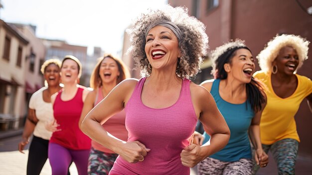 Mulheres de meia-idade desfrutando de uma aula de dança alegre expressando candidamente seu estilo de vida ativo através