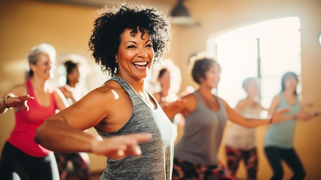 Mulheres de meia-idade desfrutando de uma aula de dança alegre expressando candidamente seu estilo de vida ativo através