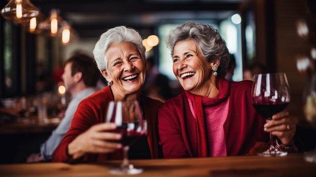 Mulheres de meia-idade se divertindo em um bar bebendo vinho Criado com tecnologia Generative AI