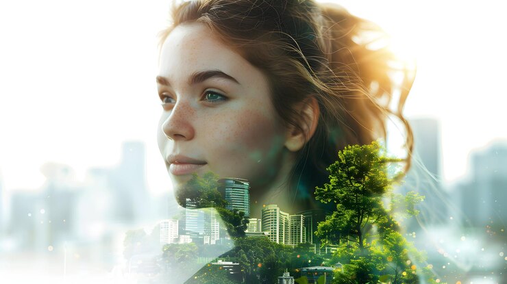 Foto mulheres de negócios bonitas dupla exposição com logística para um amanhã mais verde e poder da cidade futurista