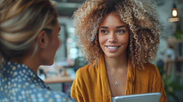 Mulheres de negócios colaborando em tablet digital Executivas criativas usando um tablet em um escritório e sorrindo