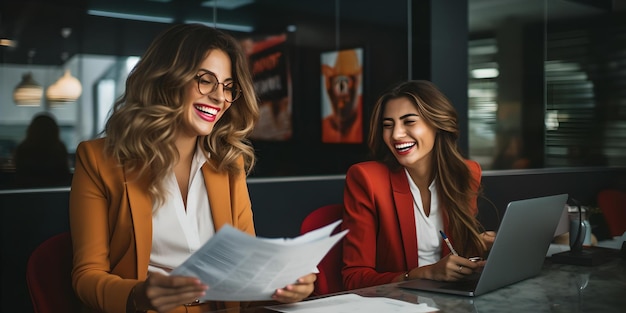 Mulheres de negócios confiantes revisando documentos em trajes profissionais de escritório modernos e colaboração ideal para uso corporativo IA