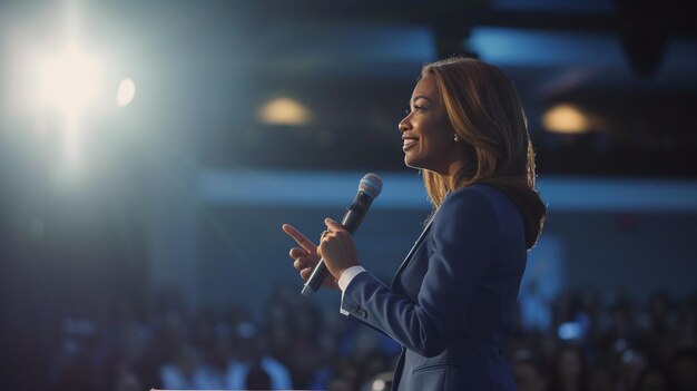 Foto mulheres de negócios em pé no palco com confiança