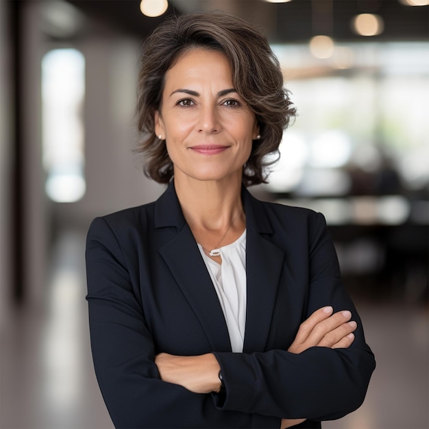 Mulheres de negócios inteligentes com os braços cruzados a sorrir para a câmara.