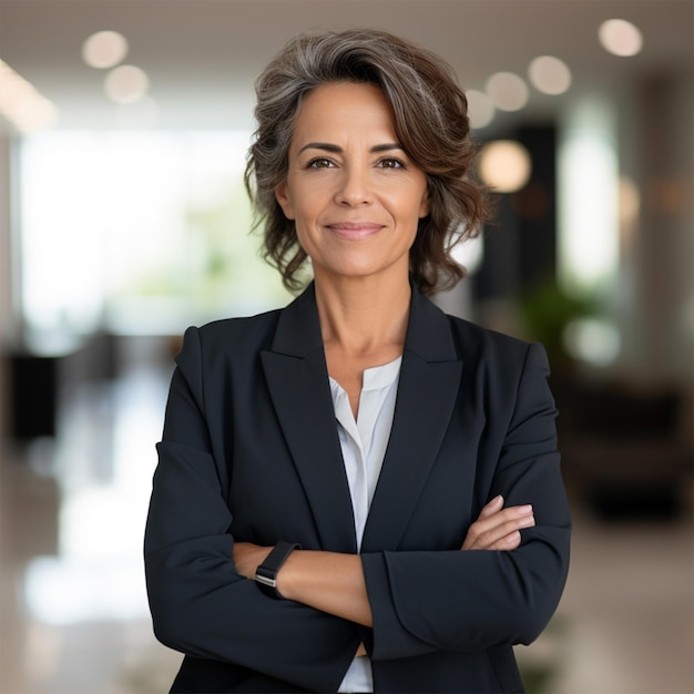 Mulheres de negócios inteligentes com os braços cruzados a sorrir para a câmara.