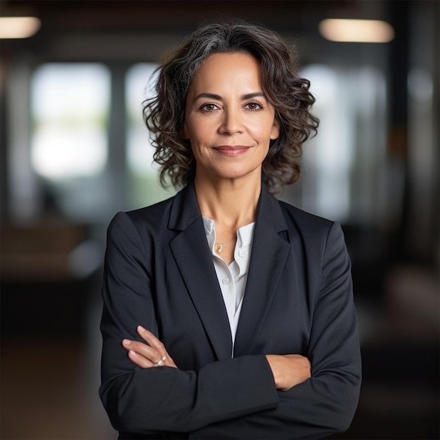 Mulheres de negócios inteligentes com os braços cruzados a sorrir para a câmara.