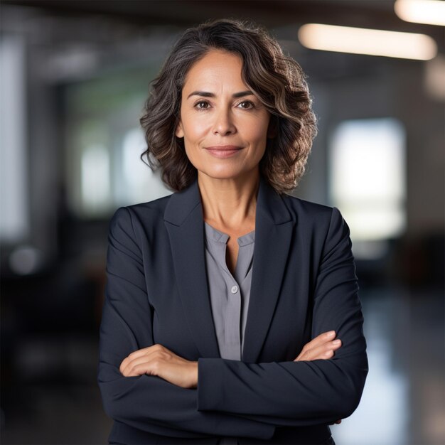 Mulheres de negócios inteligentes com os braços cruzados a sorrir para a câmara.