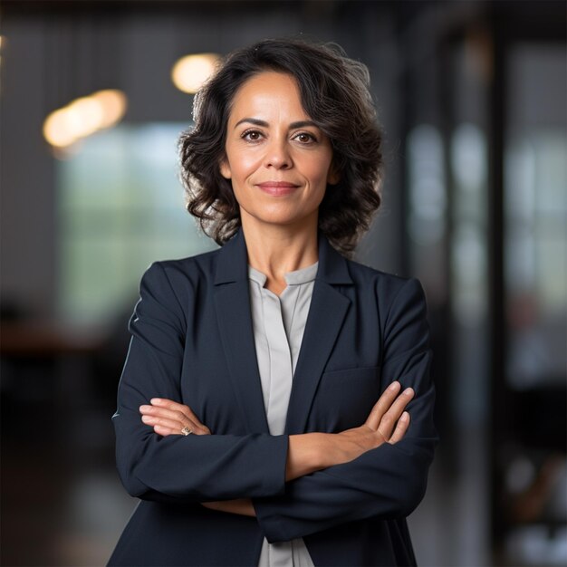 Mulheres de negócios inteligentes com os braços cruzados a sorrir para a câmara.