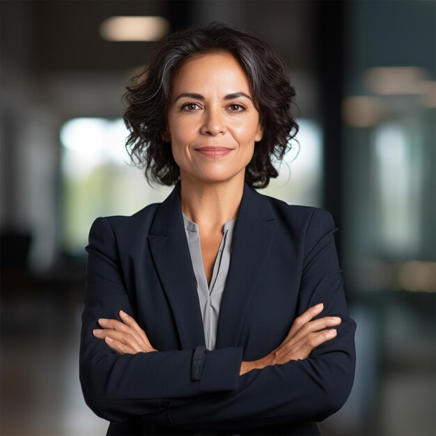 Mulheres de negócios inteligentes com os braços cruzados a sorrir para a câmara.