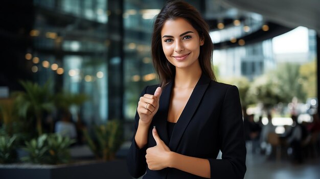 Foto mulheres de negócios sorridente apontando o polegar jovem empresária confiante de pé dentro do escritório