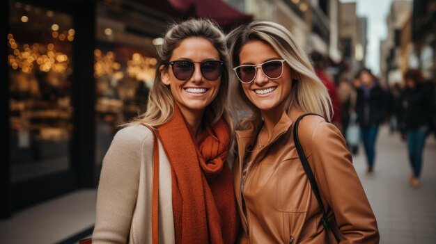 mulheres de óculos de sol sorrindo e olhando para a câmera enquanto fazem compras e caminham em cidades europeias