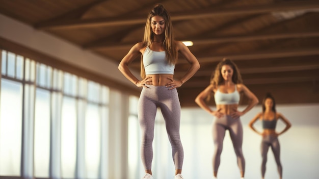Mulheres de roupas esportivas de pé juntas no estúdio de fitness Mulheres se exercitando no clube de saúde