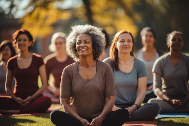 Mulheres de várias gerações fazendo exercícios de ioga no parque