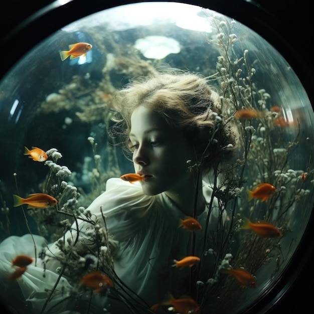 Mulheres deitadas no aquário cercadas por peixes nadando, criando um mundo de sonho da natureza