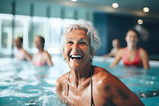 Mulheres desfrutando de piscina de água Pessoas idosas ativas Classe de fitness Estilo de vida aposentado