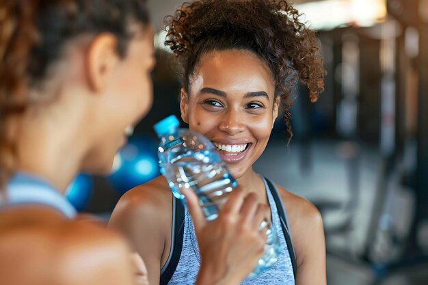 Foto mulheres desportivas a falar num ginásio enquanto bebem água.