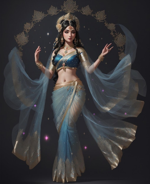 Mulheres deuses de aparência maravilhosa, femininas divinas vestindo sari de seda, retrato de uma bela jovem anjo.
